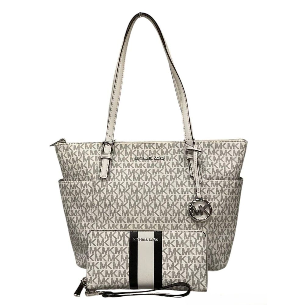 Michael Kors Charlotte Jet Set White Monogram Bag & Center Stripe Wallet